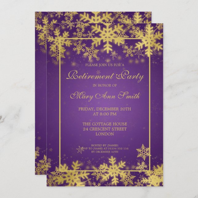 Winter Rente Party Gold Lila Schneeflocken Einladung (Vorne/Hinten)