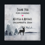 Winter Rentier Rustikale Hochzeit mit grauem Wasse Magnet<br><div class="desc">Ein Magnet mit einem Aquarellbild mit einem Rentier aus schwarzer Silhouette,  der unter einigen Kiefern stehend ist. Graues Schwarz-Weiß-Farbschema mit neutraler Farbe.</div>