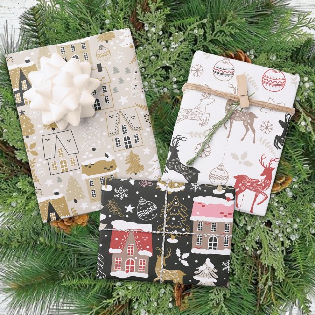Winter Rentierhäuser Traditionelle Weihnachtsfeier Geschenkpapier Set (Von Creator hochgeladen)