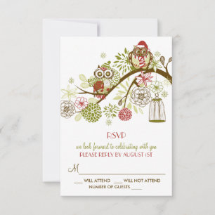Winter Retro Owls Floral Holiday RSVP Card Einladung