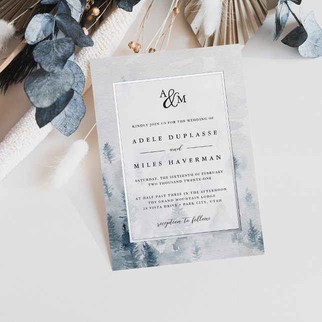 Winter Reverie Monogram Wedding Silver Folieneinladung (Von Creator hochgeladen)