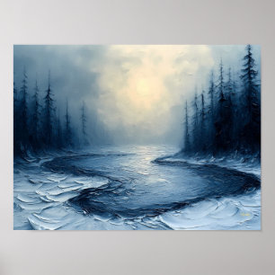 Winter River Bend - Abstrakte Foggy Forest Scene Poster