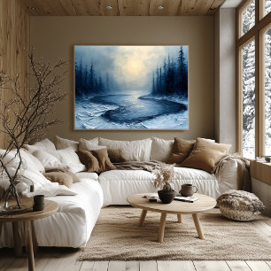 Winter River Bend - Abstrakte Foggy Forest Scene Poster