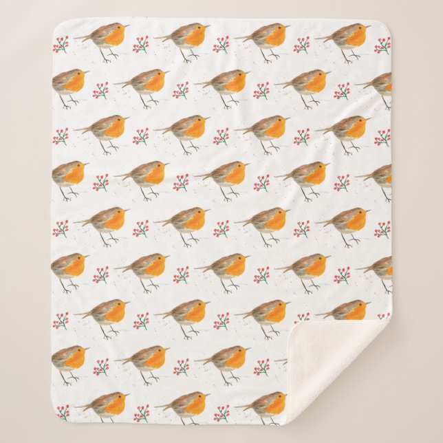 Winter Robin Bird Pattern Wasserfarbe Weihnachten Sherpadecke (Vorderseite)