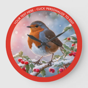Winter Robin im Schnee mit individuellem Text Weih Große Wanduhr
