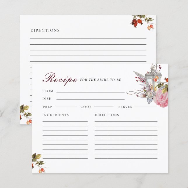 Winter Rose & Lantern Brautparty Rezept Karte (Vorne/Hinten)