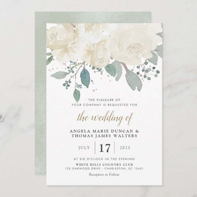 Winter Rose White Gold Floral Wedding Einladung (Vorne/Hinten)