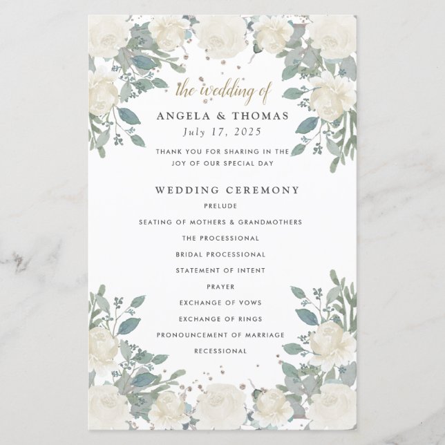 Winter Rose White Gold Floral Wedding Programm (Vorderseite)