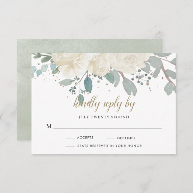 Winter Rose White Gold Floral Wedding RSVP Karte (Vorne/Hinten)