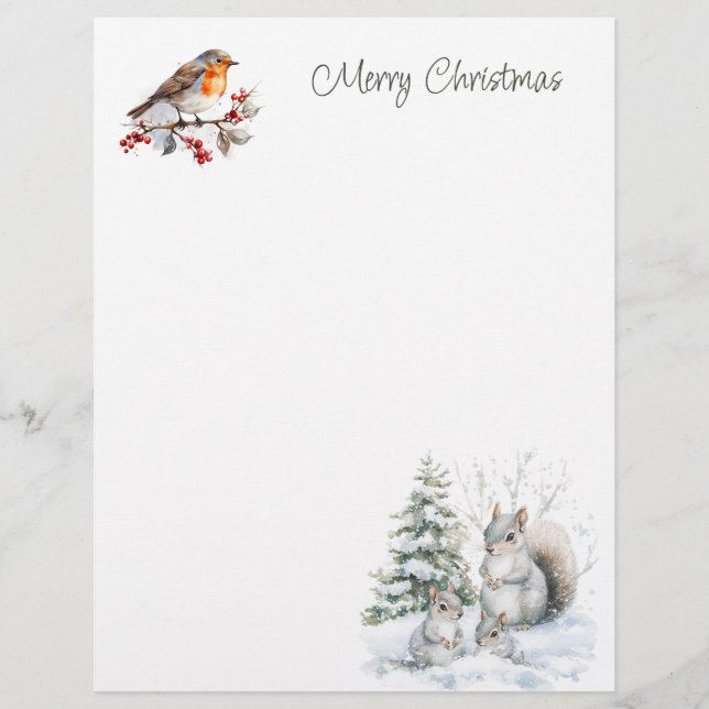 Winter-Rotkehlchen-Eichhörnchen-Weihnachten Briefk Briefbogen (Vorderseite)
