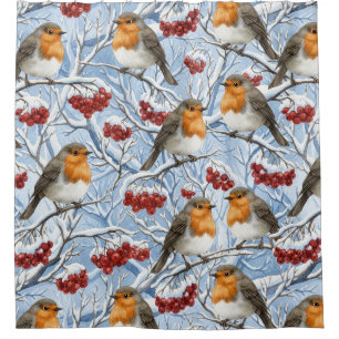 Winter-Rotkehlchen und schneebedeckte Äste Duschvorhang