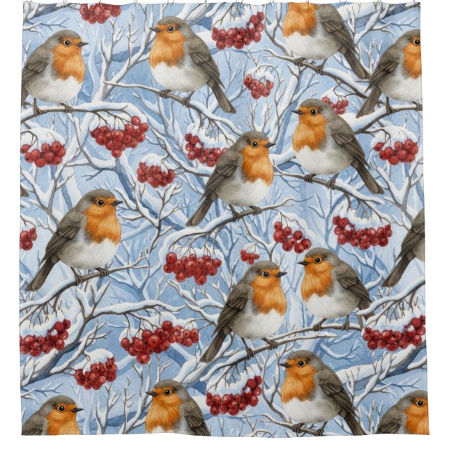 Winter-Rotkehlchen und schneebedeckte Äste Duschvorhang (Vorderseite)