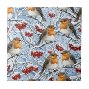 Winter-Rotkehlchen und schneebedeckte Äste Fliese