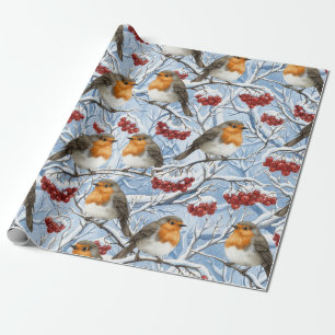 Winter-Rotkehlchen und schneebedeckte Äste Geschenkpapier