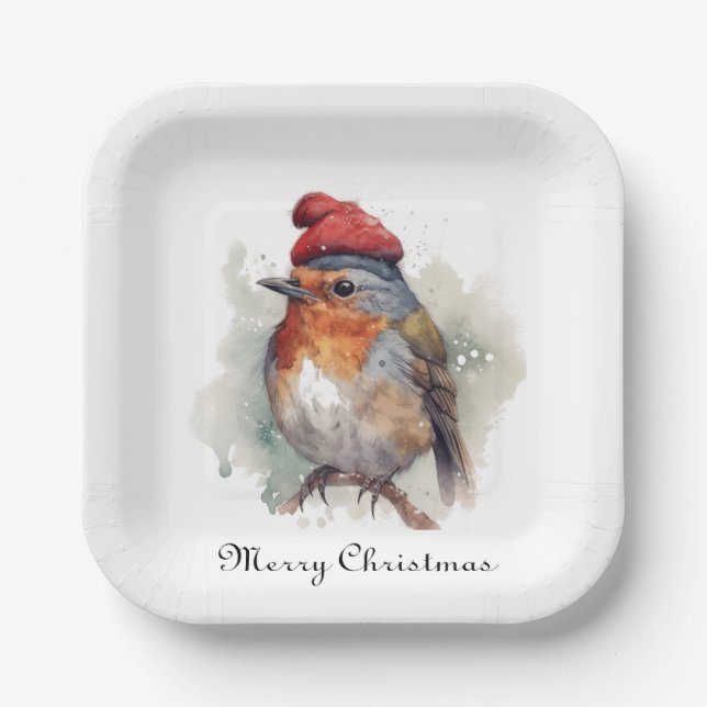 Winter-Rotkehlchen-Wasserfarben-Rotmützen-Muster Pappteller (Vorderseite)