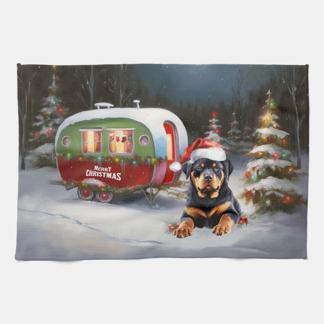 Winter Rottweiler Caravan Weihnachtsabenteuer Geschirrtuch (Horizontal)
