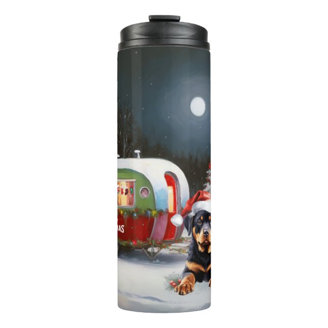 Winter Rottweiler Caravan Weihnachtsabenteuer Thermosbecher (Vorderseite)