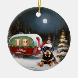 Winter-Rottweiler-Wohnwagen-Weihnachtsabenteuer Keramik Ornament