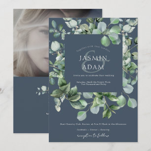 Winter Royal Blue Eucalyptus Foto Wedding Einladung