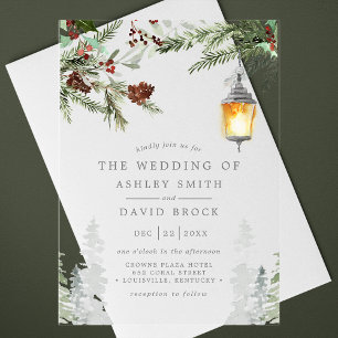 Winter Rustikale Pinienbäume Botanische Laternenho Acryleinladungen