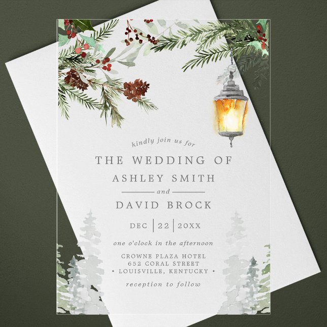 Winter Rustikale Pinienbäume Botanische Laternenho Acryleinladungen (Von Creator hochgeladen)