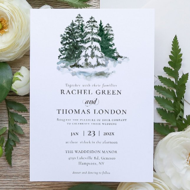 Winter Rustikale Wasserfarbe Grüne Pinien Hochzeit Einladung (Winter Rustic Watercolor Green Pine trees wedding Invitation)
