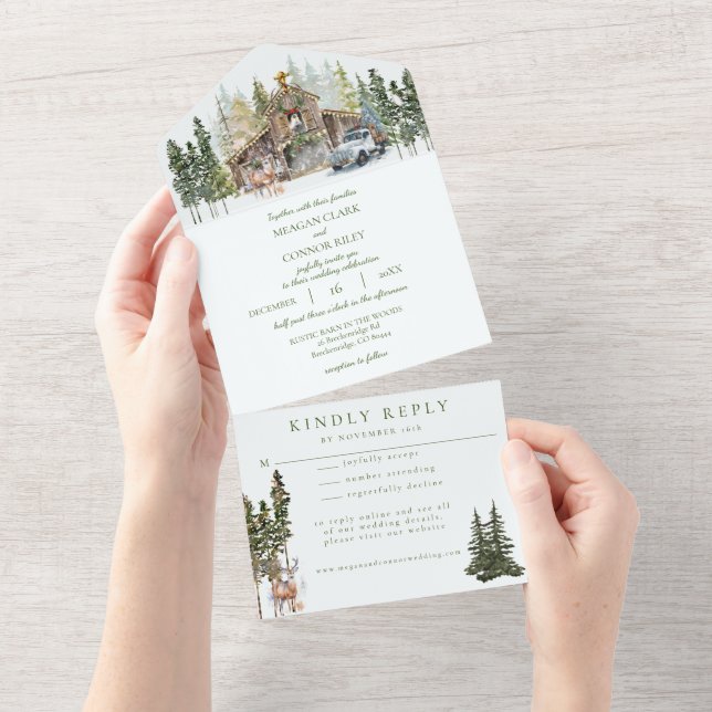 Winter Rustikaler Stall im Wald in einem Hochzeits All In One Einladung (Abreißen)