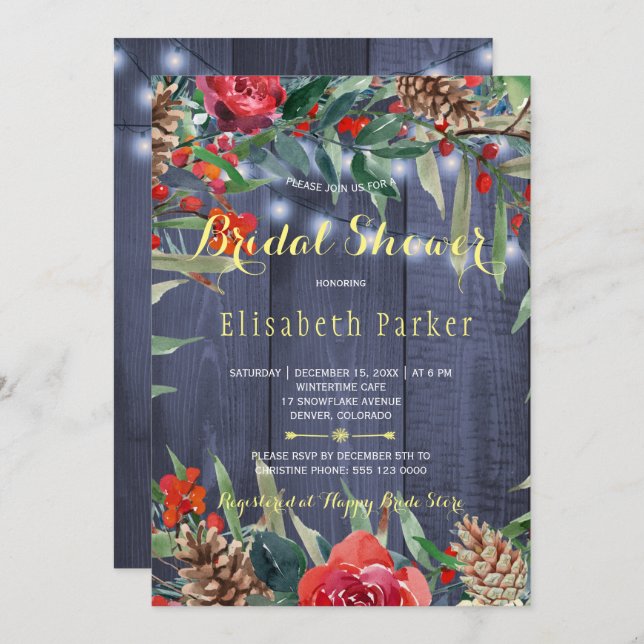 Winter Rustikales Brautparty | Navy Wood Einladung (Vorne/Hinten)