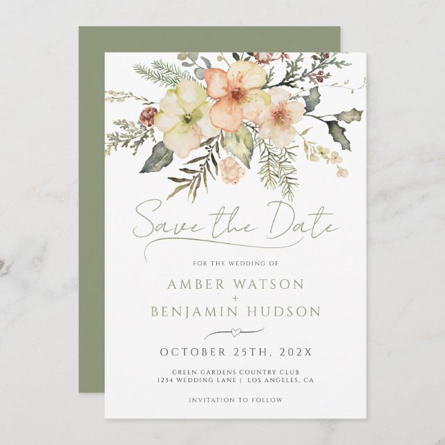 Winter Sage Grüne Weihnachtsblume Save the Date Einladung (Vorne/Hinten)