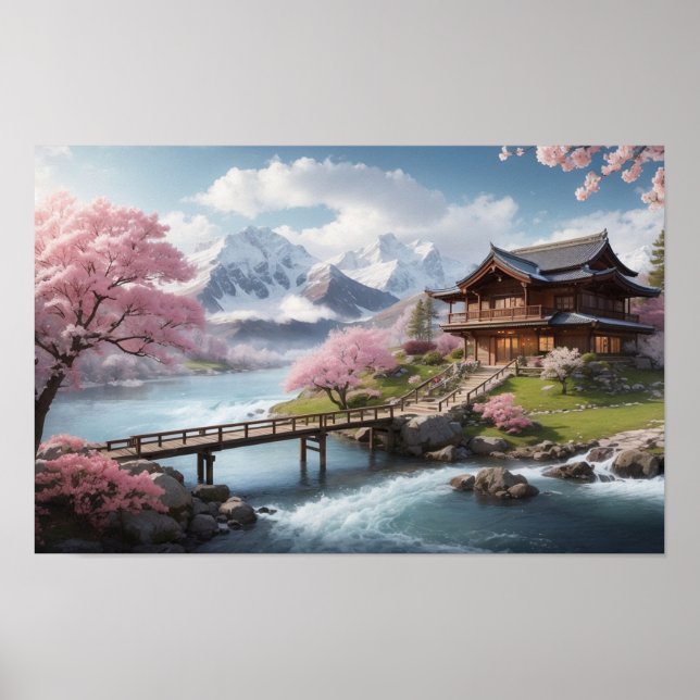 Winter Sakura mit Bergblick Poster (Vorne)