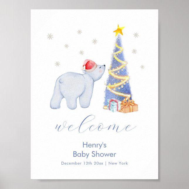 Winter Santa Polar Bear Baby Shower Welcome  Poster (Vorne)