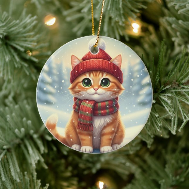 Winter Scarf Cat Christmas Cat with Plaid Scarf Keramik Ornament (Baum)