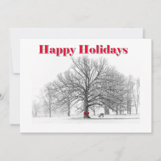 Winter Scene Holiday Card Red Bow (Flat) Feiertagskarte