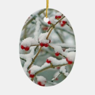 Winter Scene Oval mit Snowy Red Berries Keramikornament