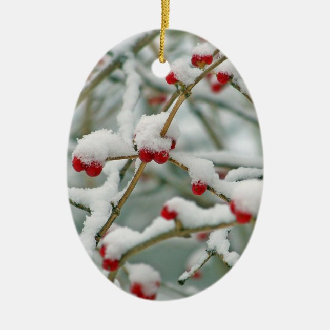 Winter Scene Oval mit Snowy Red Berries Keramikornament (Vorne)