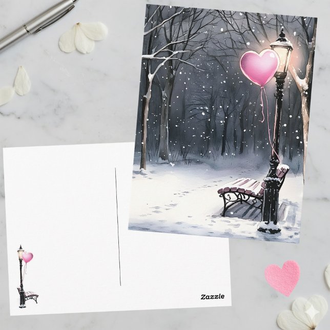 Winter Scene Pink Heart Balloon Valentine's Day Postkarte (Von Creator hochgeladen)