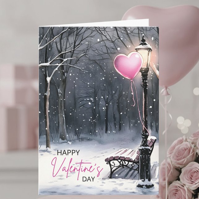 Winter Scene–Pink Hearts Happy Valentine's Day Karte (Von Creator hochgeladen)