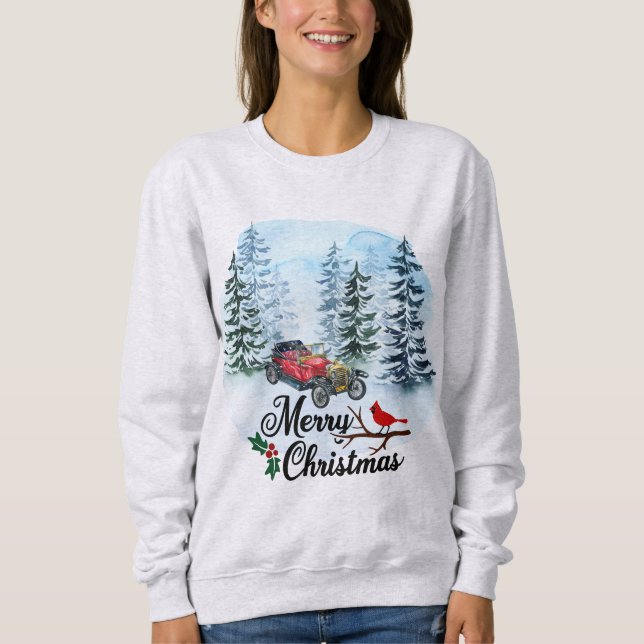 Winter Scene Vintage Car und Roter Kardinal Sweatshirt (Vorderseite)