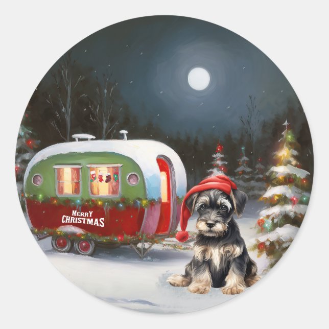 Winter Schnauzer Caravan Weihnachtsabenteuer Runder Aufkleber (Vorderseite)