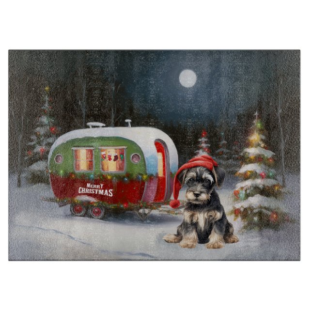 Winter Schnauzer Caravan Weihnachtsabenteuer Schneidebrett (Vorderseite)