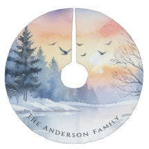 Winter-Schnee-Aquarell-See-Sonnenaufgang-Weihnacht