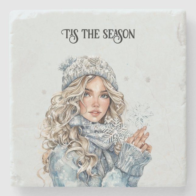 Winter-Schnee-Blond-Haar-Mädchen-Schneeflocken-Wei Steinuntersetzer (Vorderseite)
