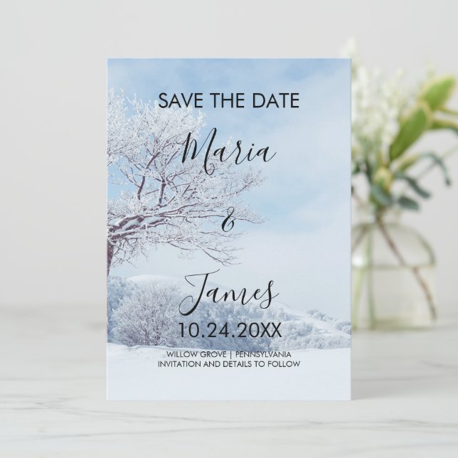 Winter-Schnee-Hochzeit Save The Date (Stehend Vorderseite)