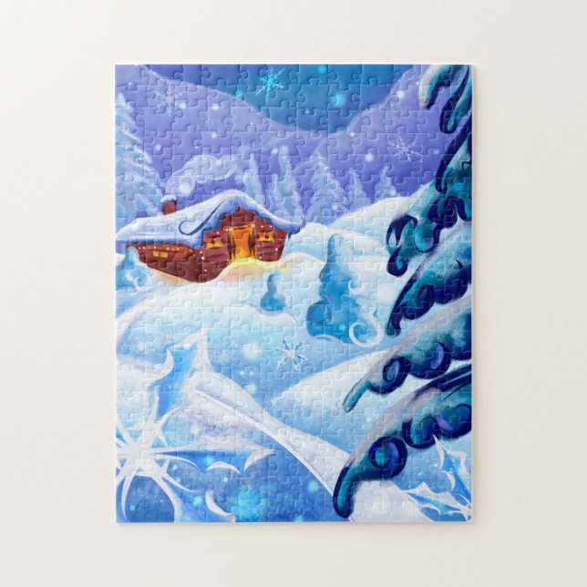 Winter-Schnee-Hütten-Landschaftskunst-Puzzle Puzzle (Vertikal)