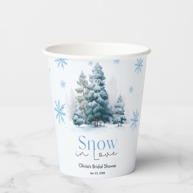 Winter-Schnee in Love-Schneeflocken-Brautparty Pappbecher (Rückseite)