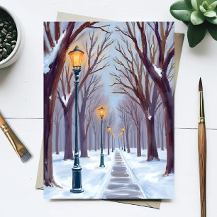 Winter-Schnee-Park-Straßenlaternen-Stadt-Aquarell Postkarte