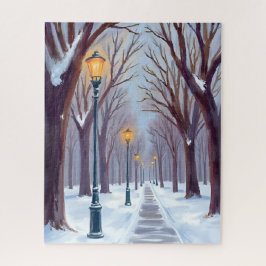 Winter-Schnee-Park-Straßenlaternen Stadt Aquarell Puzzle