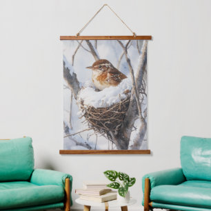 Winter-Schnee-Vogel-Zaunkönig-in-Baum-Nest-Natur-K Wandteppich Mit Holzrahmen