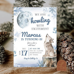 Winter-Schnee-Wald-Mond-Wolf-Heul-Geburtstag Einladung
