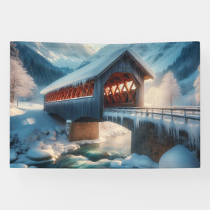 Winter, schneebedeckte Brücke und Fluss Banner